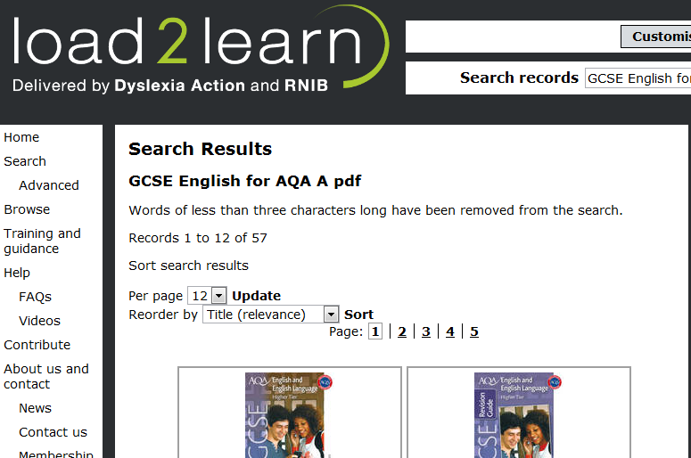 Load2Learn search results for GCSE English, showing pagination, sorting controls and textbook covers.