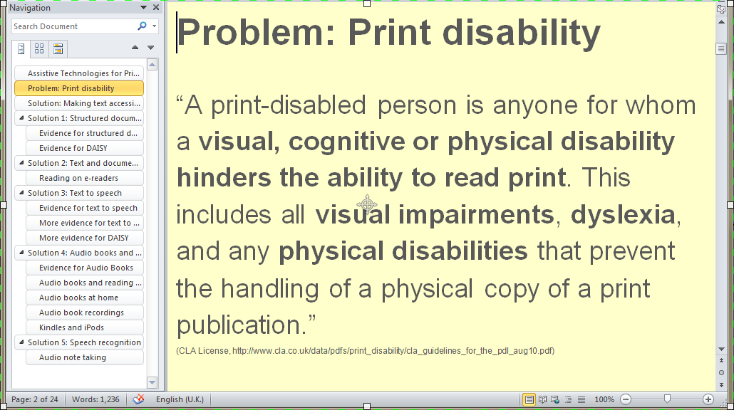 Word document with a heading navigation pane beside a definition of print disability, showing how headings enable navigation.