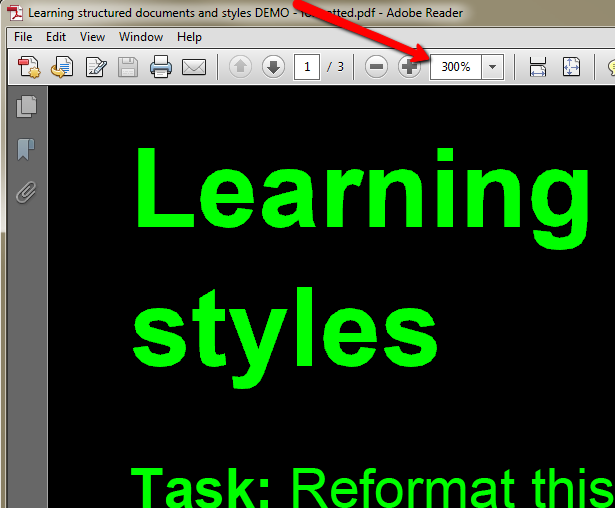 Adobe Reader at 300% zoom, displaying large green text on black; an arrow points to the zoom control.