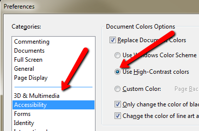 Adobe Reader accessibility preferences with Replace Document Colors checked and Use High-Contrast colors selected.