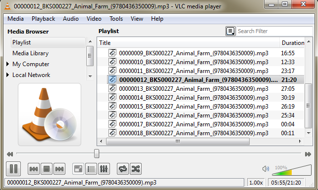 VLC playlist of Animal Farm MP3 files with playback controls and individual track durations.