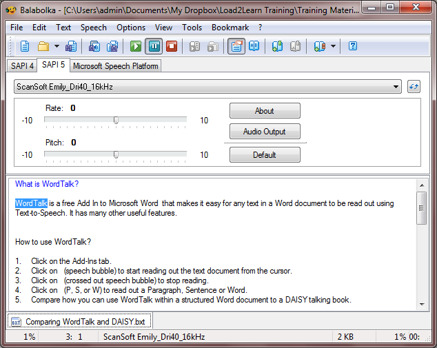 Balabolka text-to-speech window with voice selection, rate and pitch controls above a document about WordTalk.