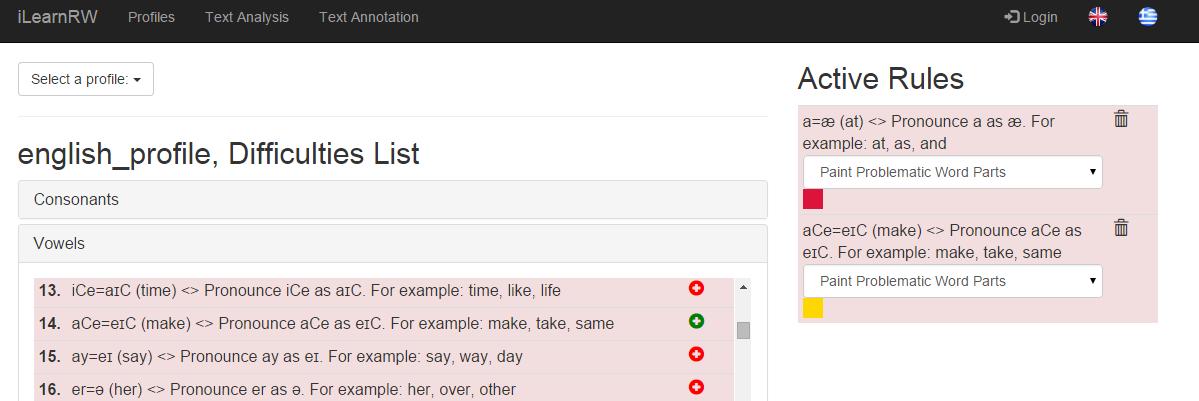 An iLearnRW web page headed “english_profile, Difficulties List” listing vowel rules such as “iCe=aɪC (time)”, with an Active Rules panel showing the rule “a=æ (at)” and a Paint Problematic Word Parts menu.