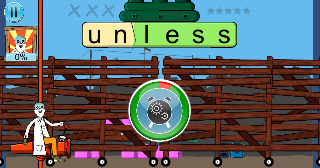 A game screen in which the word “unless” is split into the coloured parts “un” and “less” above a scientist character, a clock and a percentage score.