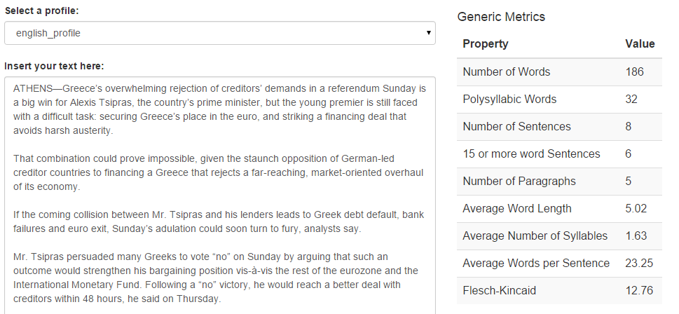 A web tool with a profile menu showing “english_profile”, a box of pasted news text, and a Generic Metrics table: for example 186 words, 8 sentences and 5 paragraphs, with an average word length of 5.02 and a Flesch-Kincaid score of 12.76.