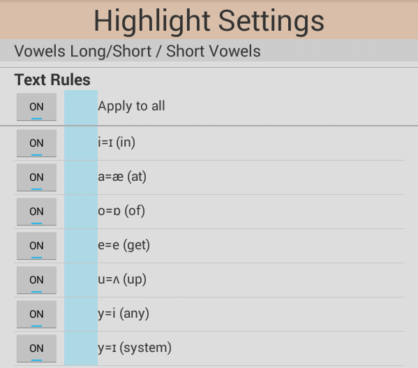 A Highlight Settings panel with a Text Rules list of vowel spellings such as a=æ (at) and e=e (get), each with an ON switch.