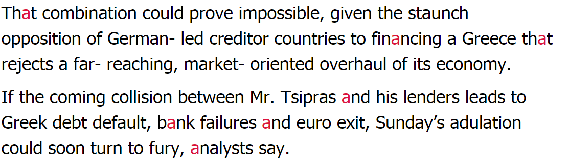 Two paragraphs of news text about Greece and its creditors in which some letters a are shown in red.