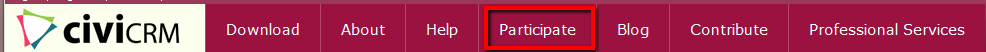 Navigation bar of the CiviCRM website with the items Download, About, Help, Participate, Blog, Contribute and Professional Services; “Participate” is outlined in red.