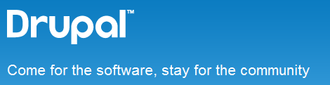 The Drupal logo with the slogan “Come for the software, stay for the community”.