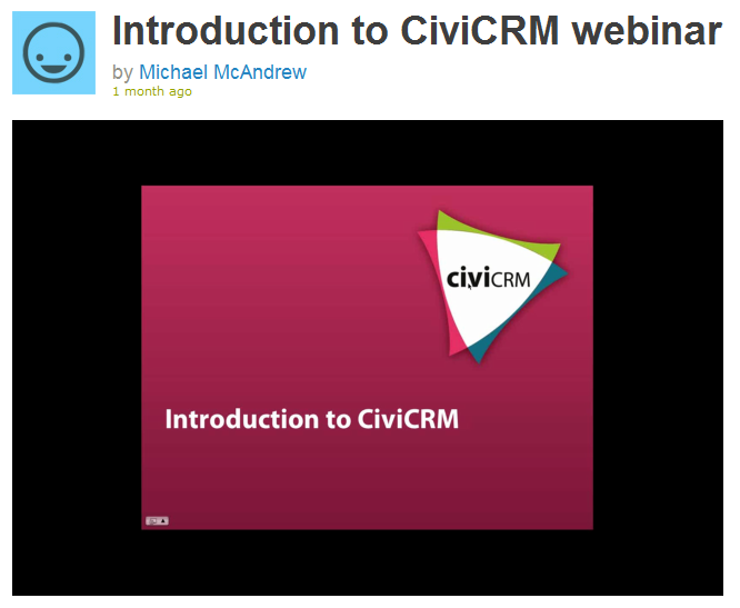Screenshot of a video titled “Introduction to CiviCRM webinar”, showing a title frame with the CiviCRM logo and the words “Introduction to CiviCRM” on a crimson background.