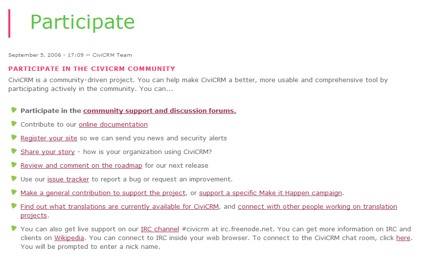 Screenshot of the “Participate” page of the CiviCRM website, “Participate in the CiviCRM community”, with a list of ways to take part: community support and discussion forums, online documentation, registering a site, sharing a story, the roadmap, the issue tracker, Make it Happen campaigns, translations and the IRC channel.