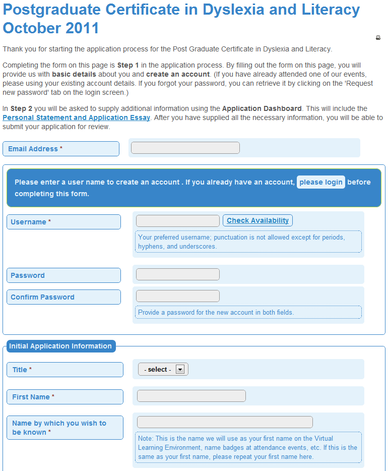 Screenshot of an online application form for the Postgraduate Certificate in Dyslexia and Literacy, October 2011, with account-creation fields (username, password) and initial application information (title, name).