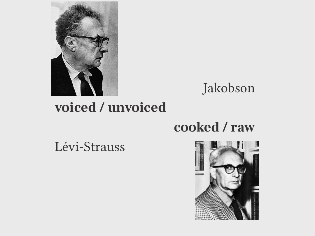 Portraits and labels compare Jakobson’s voiced / unvoiced distinction with Lévi-Strauss’s cooked / raw distinction.