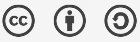 Three black-and-white Creative Commons icons: the “cc” mark, an attribution person and a share-alike circular arrow.