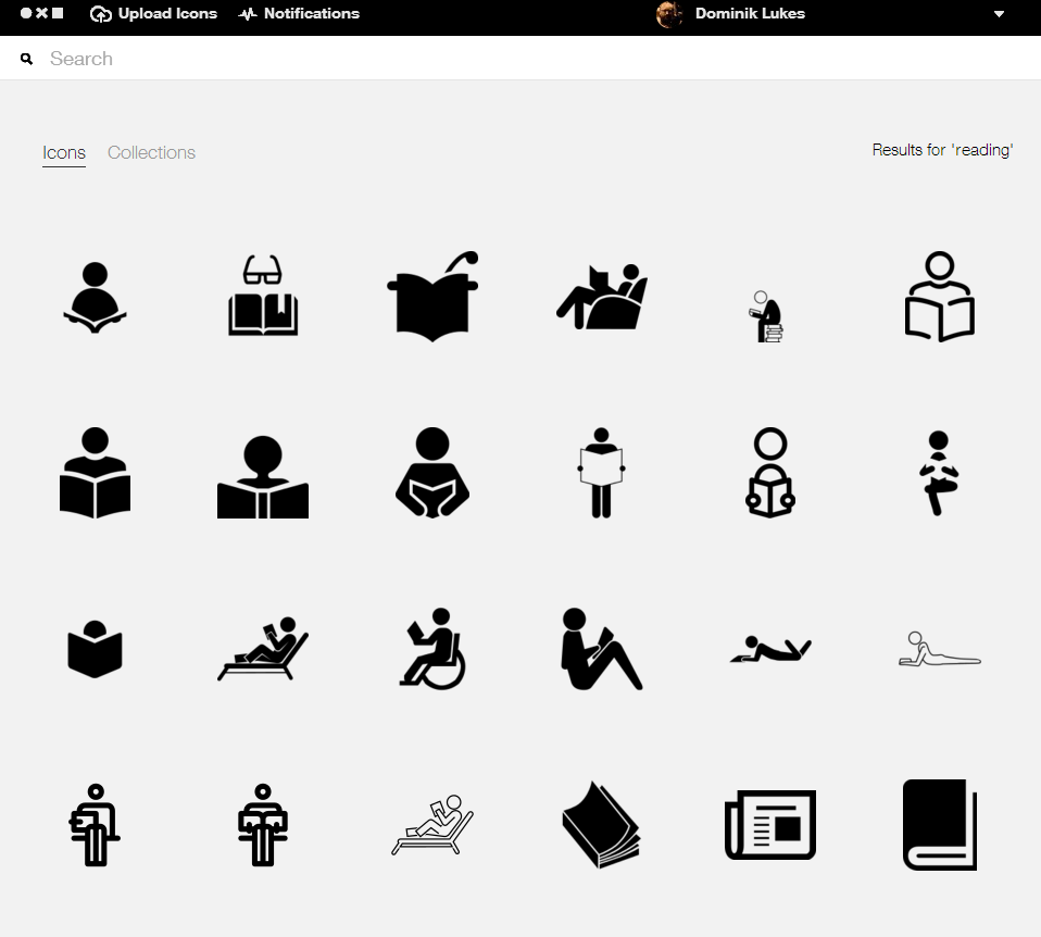 Screenshot of The Noun Project search results for “reading”: a grid of black icons of people reading books.