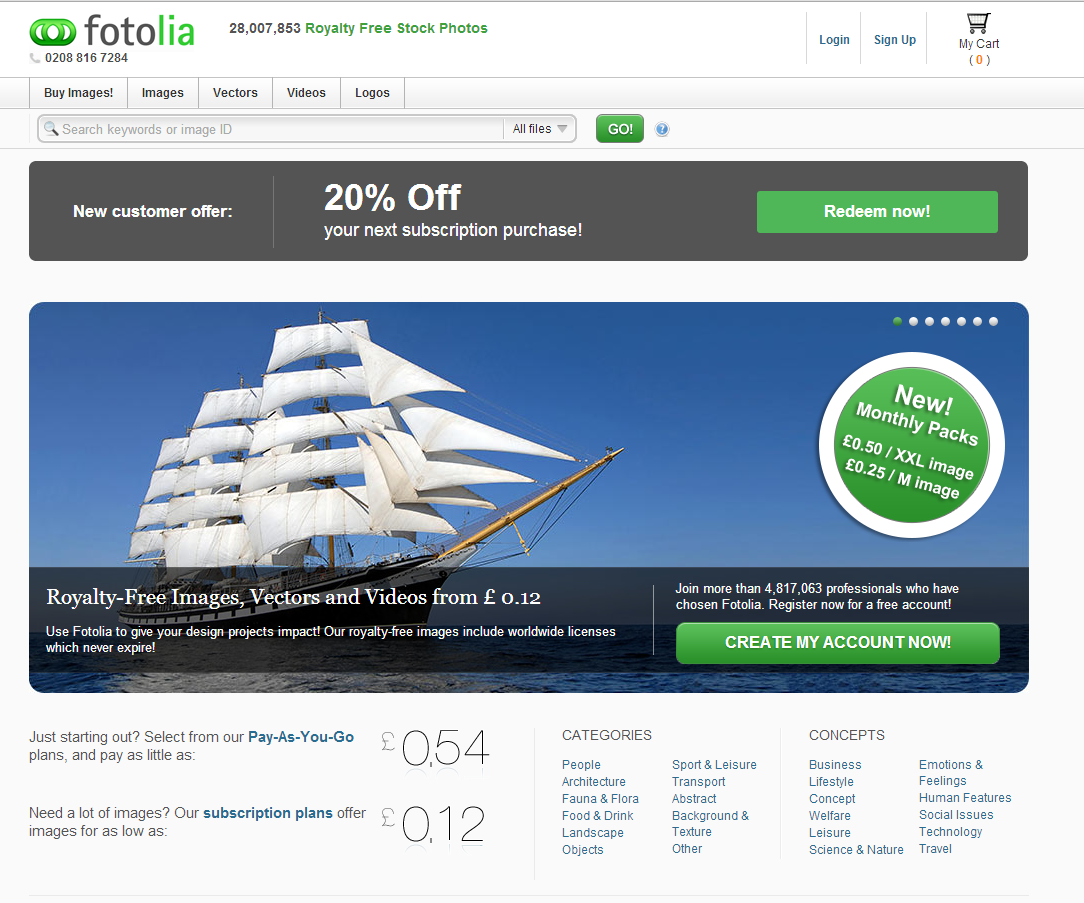 Screenshot of the Fotolia.com home page.