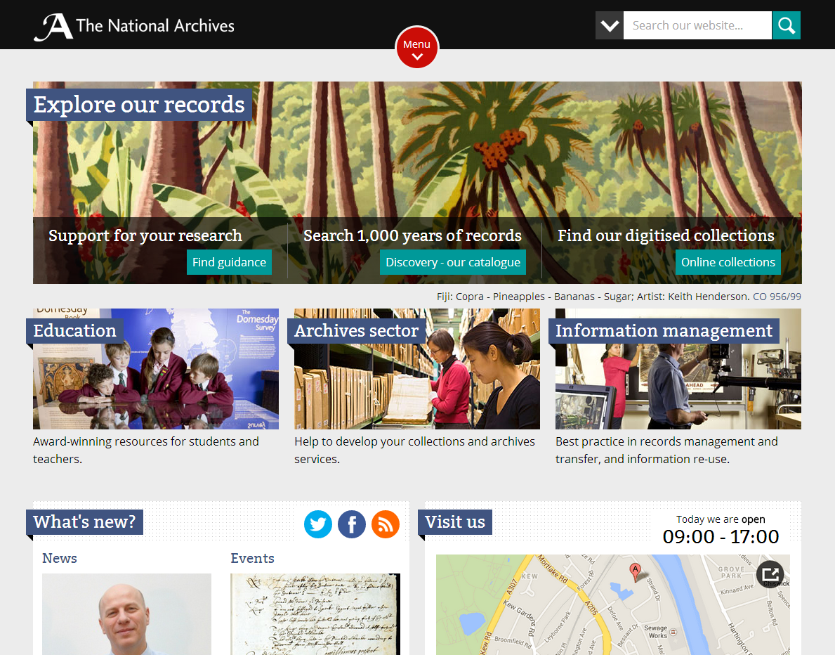 Screenshot of the home page of The National Archives website with sections “Explore our records”, Education, Archives sector and Information management.