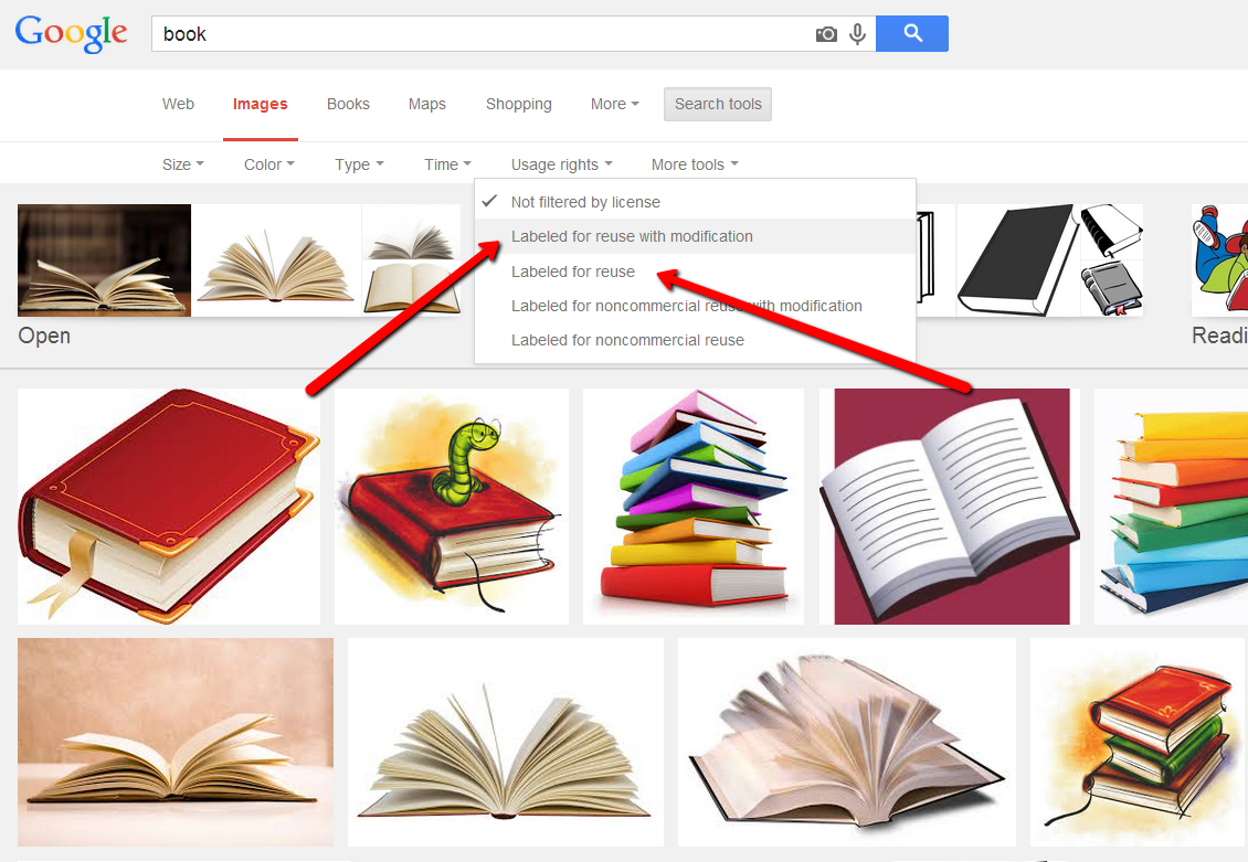 Screenshot of a Google image search for “book” with the Usage rights menu open: Not filtered by license (ticked), Labeled for reuse with modification, Labeled for reuse, Labeled for noncommercial reuse with modification, Labeled for noncommercial reuse; red arrows point at the first two labelled options.