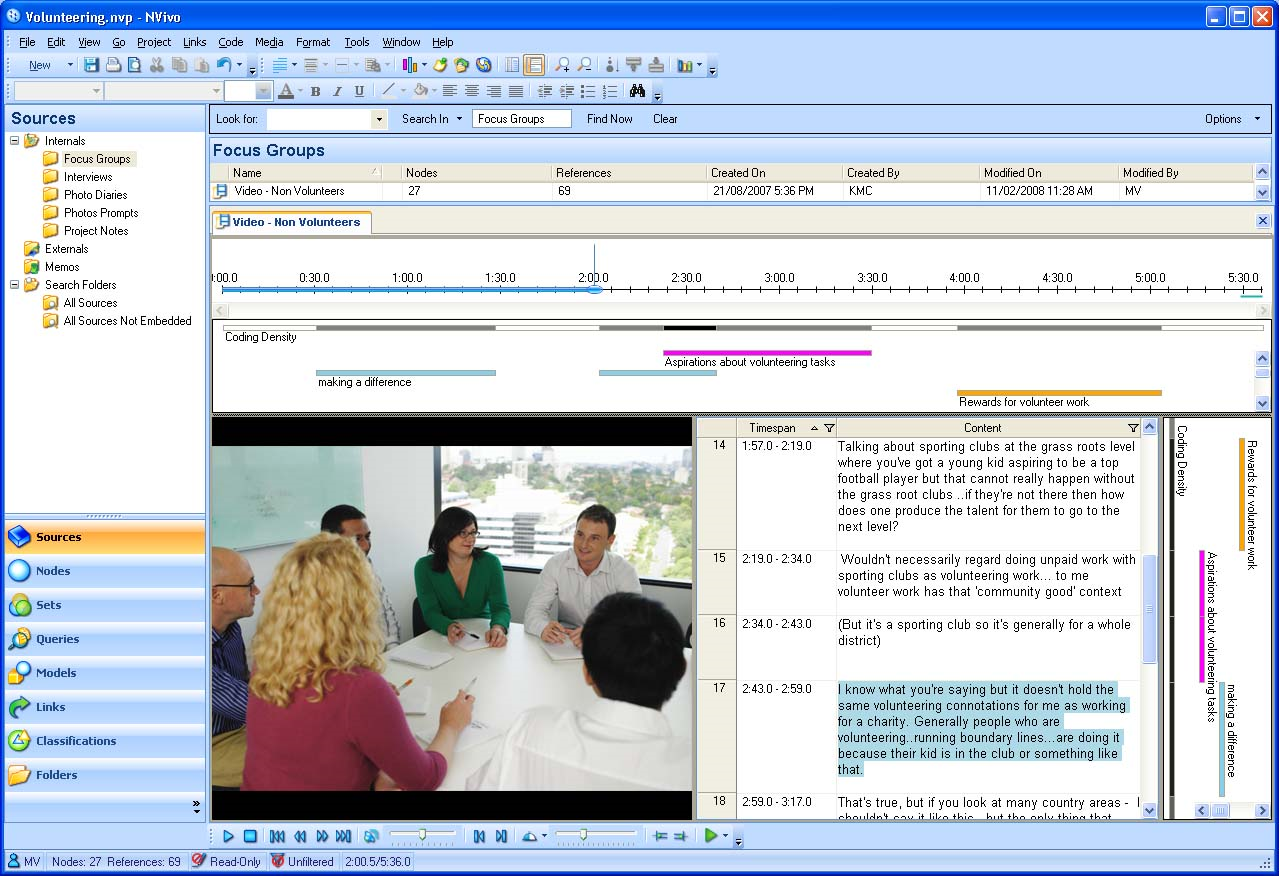 Screenshot of the NVivo program, with a project folder tree on the left, a table of focus groups at the top, a timeline with coloured coding bars in the middle, a video of five people at a table at the bottom left and a transcript with highlighted passages at the bottom right.