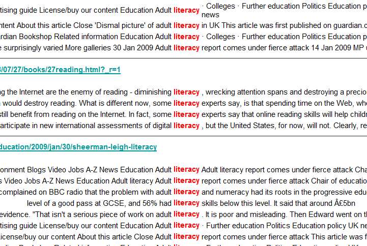 Screenshot of a keyword-in-context concordance for the word “literacy”, shown in bold red in the middle of each line. Every line is cut off at both edges (cut ends are marked …). Two underlined web addresses divide the lines into three groups. The lines and addresses are transcribed in the lists below the image; one line contains the characters Â£ as printed.