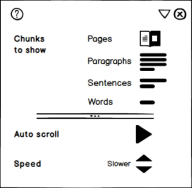 A wireframe of a chunking panel. “Chunks to show” offers Pages, Paragraphs, Sentences and Words; below are Auto scroll and Speed, currently Slower.