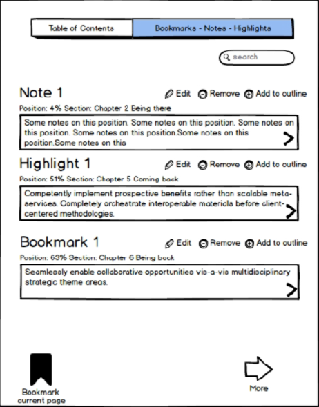 A wireframe of a Bookmarks, Notes and Highlights tab listing Note 1, Highlight 1 and Bookmark 1, each with its position and section, and a Bookmark current page button.