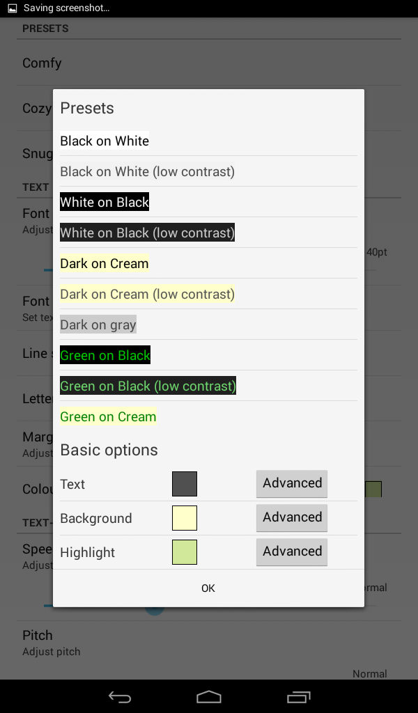 A tablet screenshot of a Presets dialog listing Black on White, Black on White (low contrast), White on Black, White on Black (low contrast), Dark on Cream, Dark on Cream (low contrast), Dark on gray, Green on Black, Green on Black (low contrast) and Green on Cream, above Basic options for Text, Background and Highlight colours.