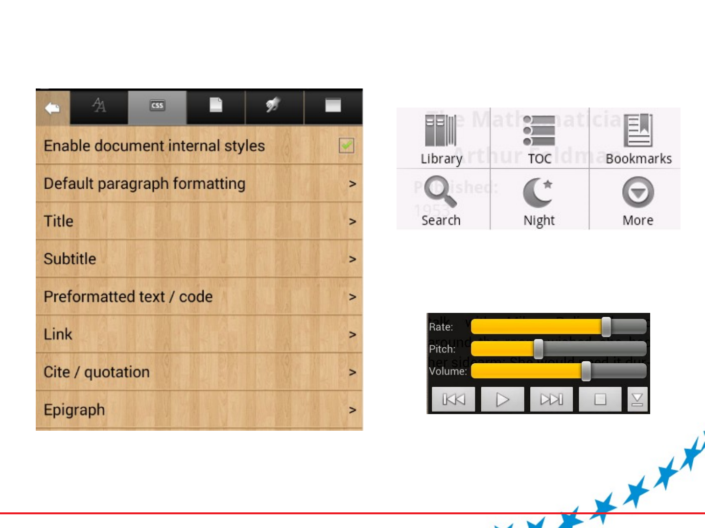 Three screenshots of reader app controls. A wood-textured settings list includes “Enable document internal styles”, “Default paragraph formatting”, “Title”, “Subtitle”, “Preformatted text / code”, “Link”, “Cite / quotation” and “Epigraph”. A grid of icons is labelled Library, TOC, Bookmarks, Search, Night and More. A speech panel has Rate, Pitch and Volume sliders above previous, play, next and stop buttons.