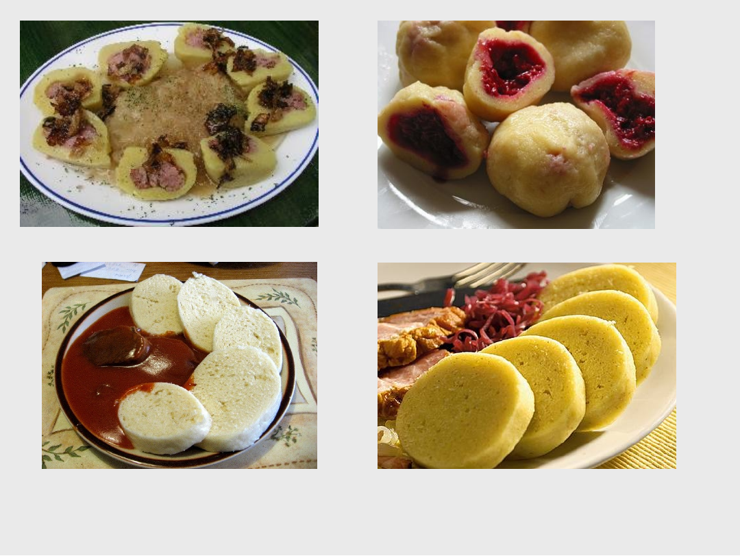 Four photographs of dumplings, arranged in a two-by-two grid: filled dumplings on a plate, fruit-filled dumplings, sliced pale dumplings beside meat and sauce, and yellow sliced dumplings beside meat and cabbage.