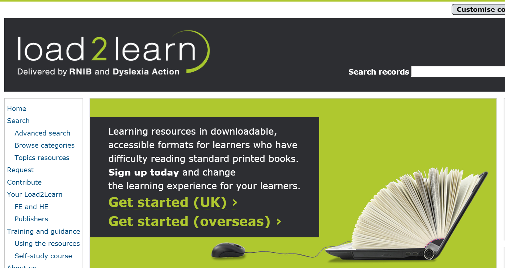 Screenshot of the Load2Learn website, a RNIB and Dyslexia Action service, with its menu, a description of learning resources in accessible formats and “Get started” buttons.