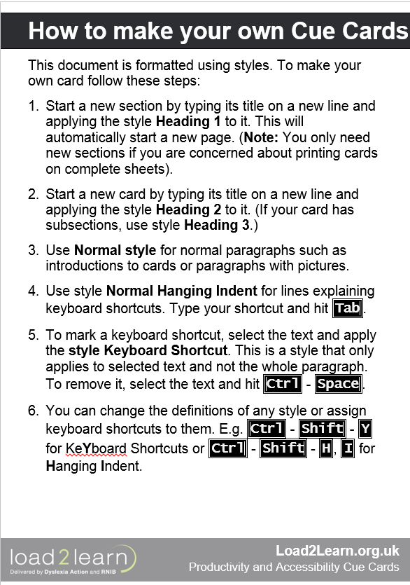 Cue card “How to make your own Cue Cards”, a page of numbered instructions.
