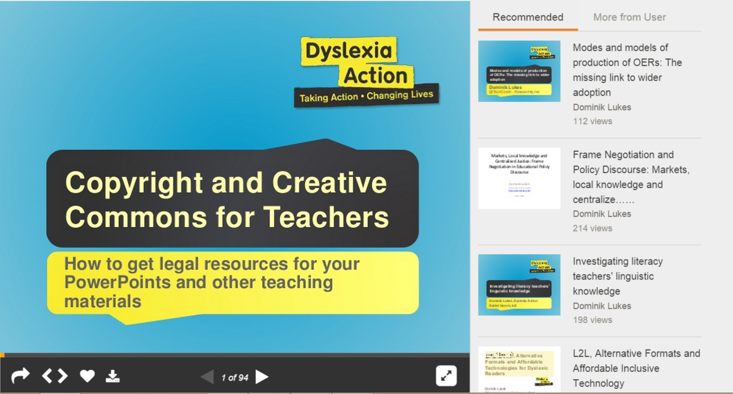 Screenshot of a SlideShare page showing the title slide of “Copyright and Creative Commons for Teachers: How to get legal resources for your PowerPoints and other teaching materials” in the player, “1 of 94”, beside a “Recommended” list of other presentations.