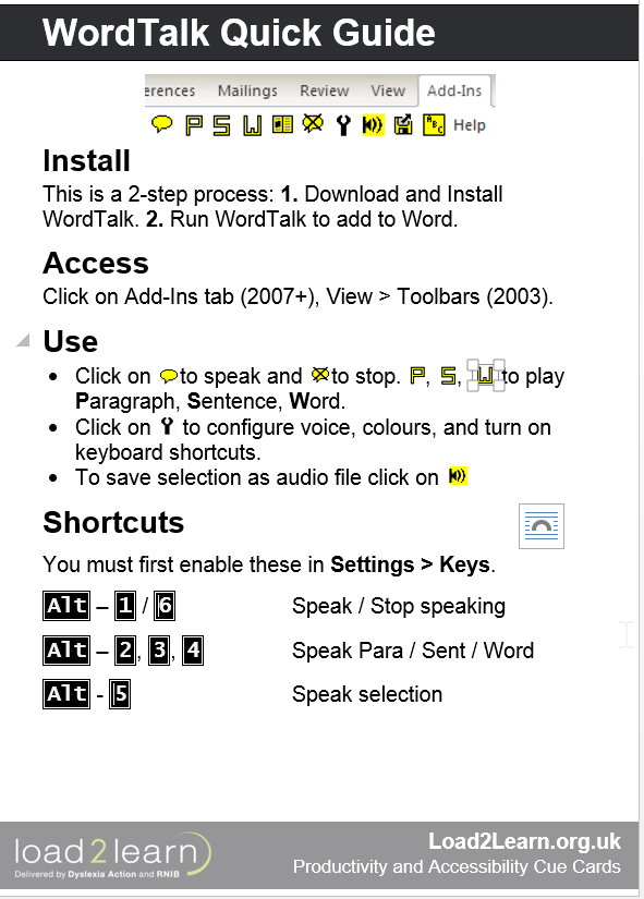 Cue card “WordTalk Quick Guide”, with installation instructions and a table of keyboard shortcuts for speaking text.