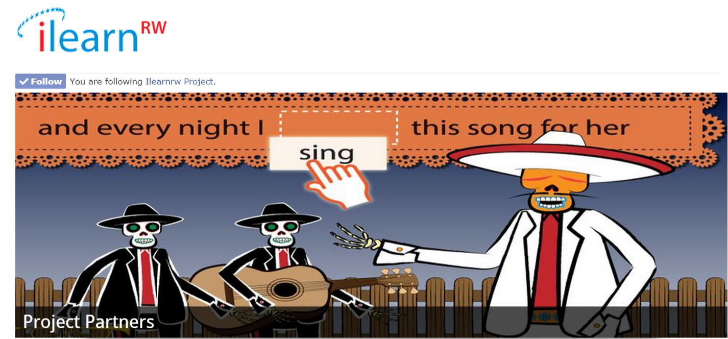 Screenshot of an iLearnRW game page: a sentence “and every night I … this song for her” with a hand dragging the word “sing” into the gap, above a cartoon of three skeleton musicians in sombreros and a caption “Project Partners”.
