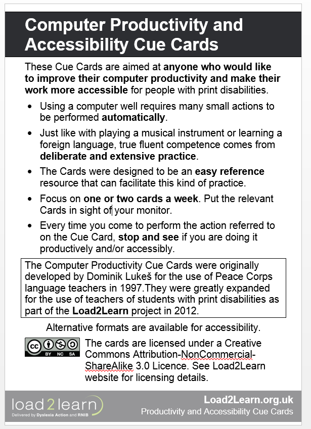 First page of the “Computer Productivity and Accessibility Cue Cards”, a printed leaflet of tips for people who would like to improve their computer productivity, with a Creative Commons licence notice at the bottom.