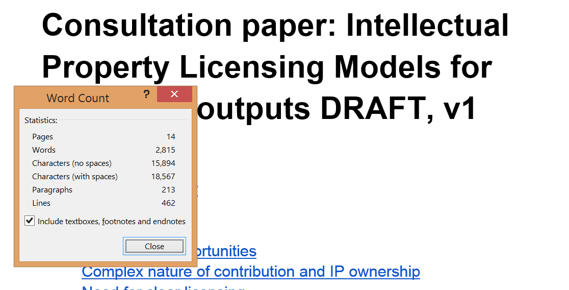 Screenshot of a Word document titled “Consultation paper: Intellectual Property Licensing Models for … outputs DRAFT, v1”, with a Word Count dialog open showing 14 pages and 2,815 words.