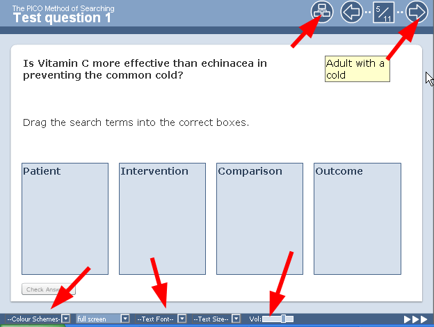 Xerte PICO search exercise with Patient, Intervention, Comparison and Outcome boxes; arrows mark navigation, colour scheme, text font, text size and volume controls.