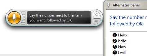 Windows speech recognition toolbar and numbered word alternatives, with instructions to say an item number followed by OK.