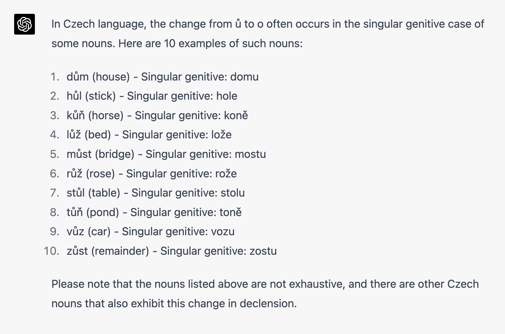 A ChatGPT answer about Czech noun declension, listing ten nouns with their singular genitive forms and noting that the list is not exhaustive.