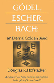 Cover of “Gödel, Escher, Bach: an Eternal Golden Braid” by Douglas R. Hofstadter, orange with a block-letter title.