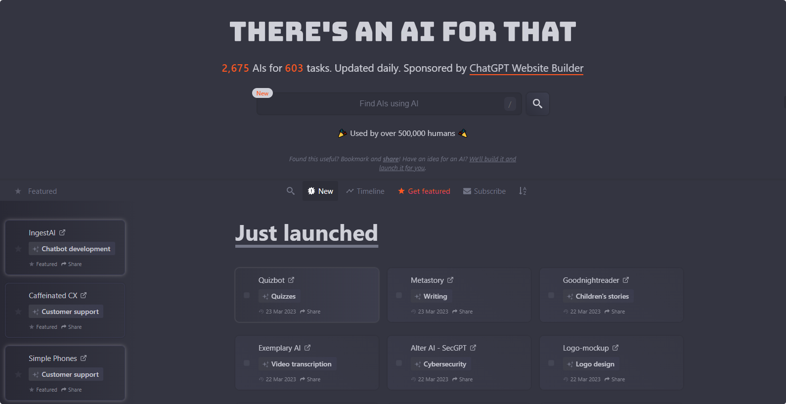 The website “There’s an AI for that”: “2,675 AIs for 603 tasks. Updated daily”, “Just launched” and a grid of small tool cards on a dark page.