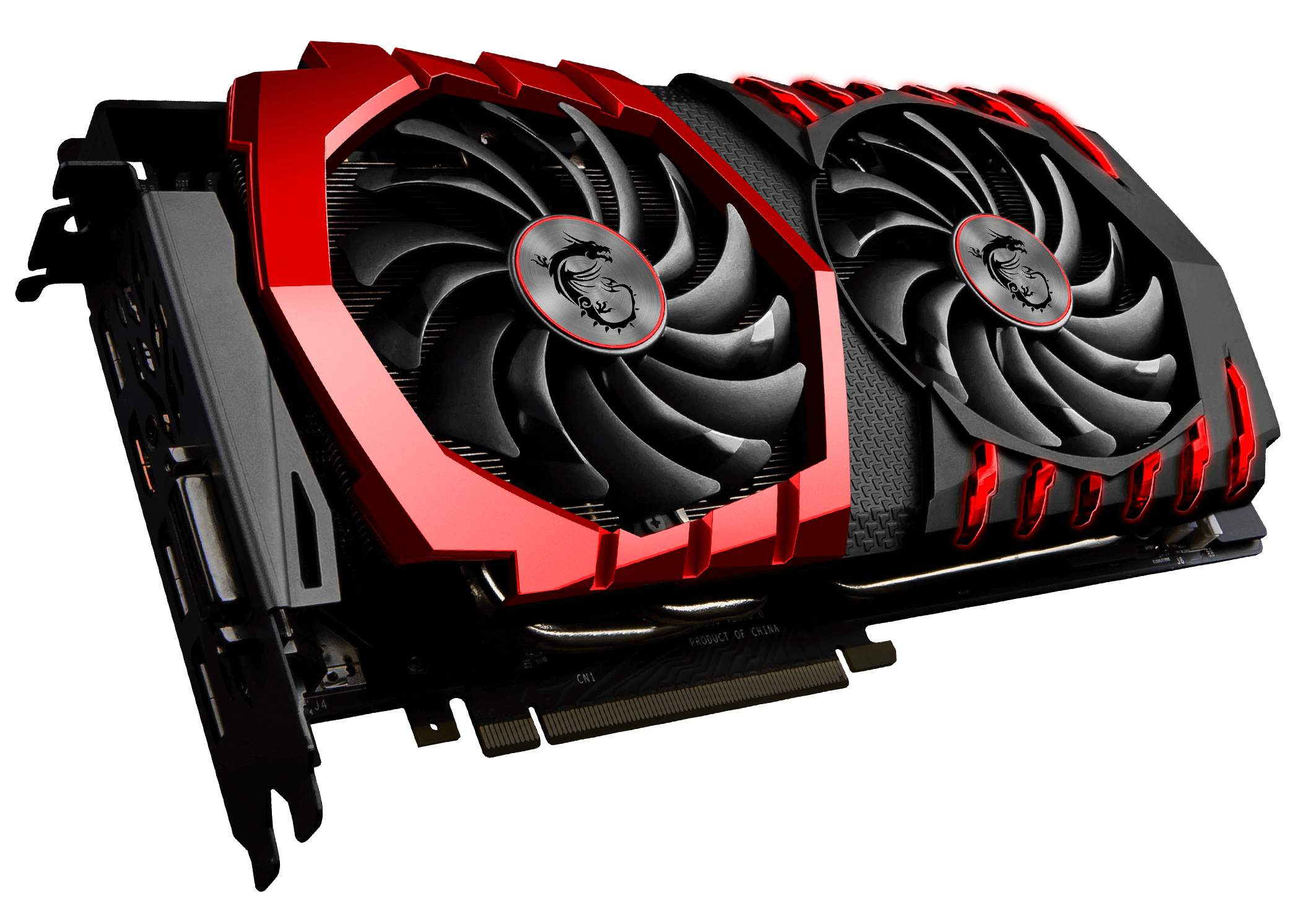 Photograph of a red-and-black graphics card with two fans.