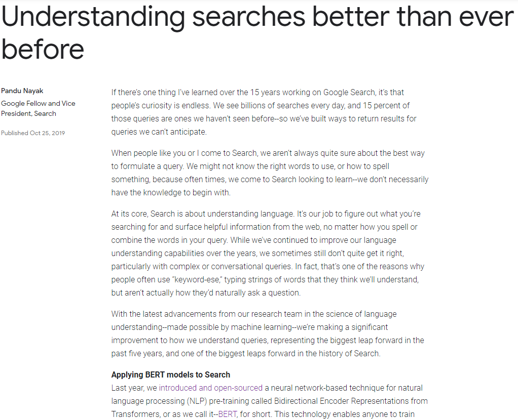 A page from Google’s blog, “Understanding searches better than ever before”, with several paragraphs of text.