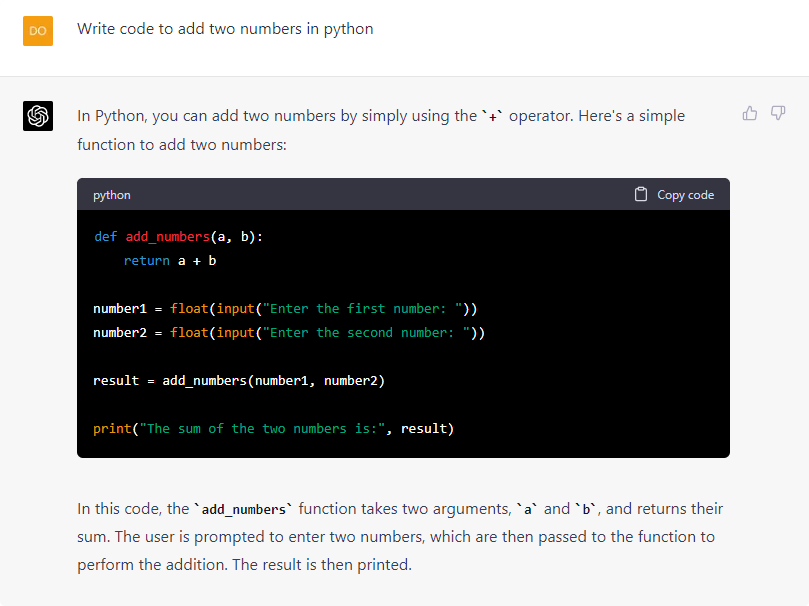 A ChatGPT conversation. The prompt is “Write code to add two numbers in python”. The answer explains the + operator and gives a short Python program with an add_numbers function, followed by an explanation of the code.