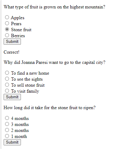 A multiple-choice quiz made from an outline: “What type of fruit is grown on the highest mountain?” with options Apples, Pears, Stone fruit and Berries, and a Submit button, followed by further questions.