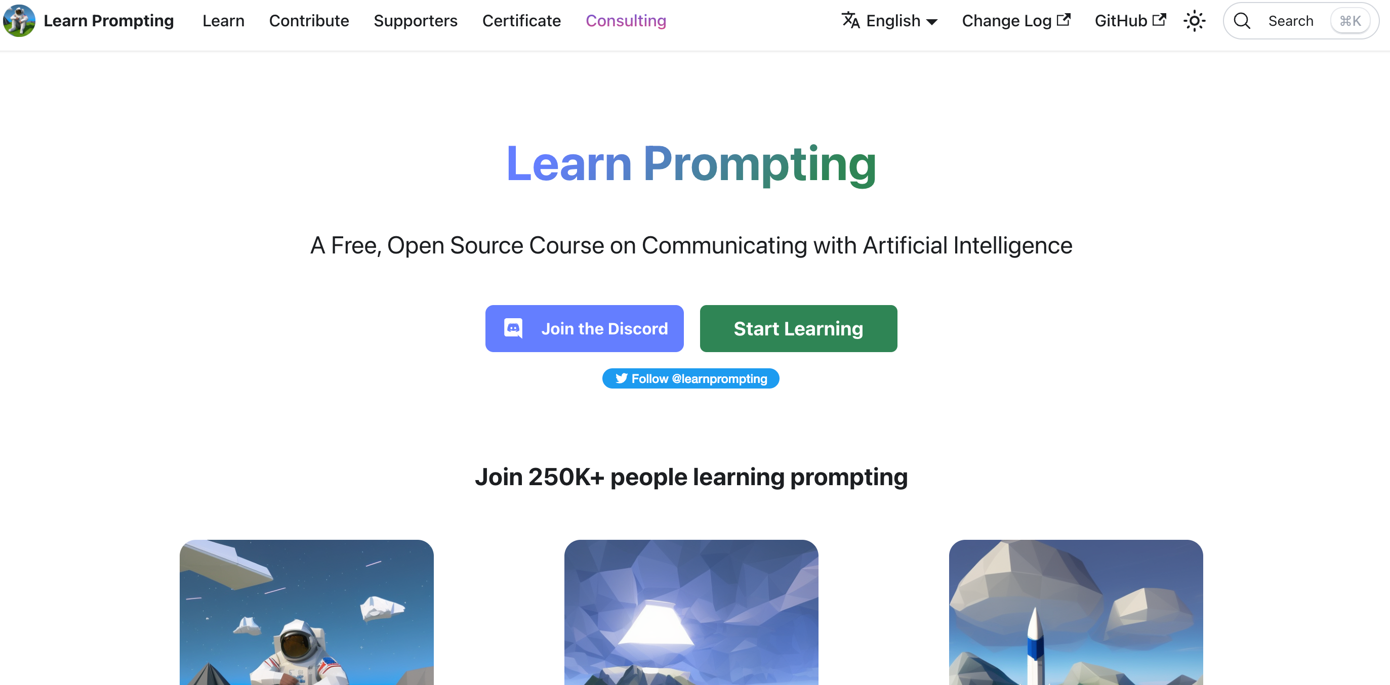 The Learn Prompting website: “Learn Prompting: A Free, Open Source Course on Communicating with Artificial Intelligence”, with Join the Discord and Start Learning buttons and three illustrations.
