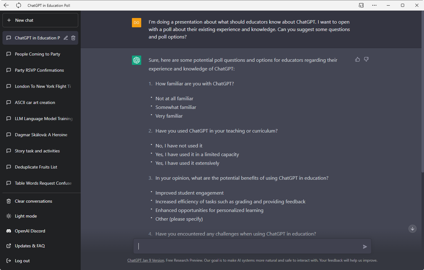 A ChatGPT desktop window titled “ChatGPT in Education Poll”, with the chat history in a sidebar on the left. The prompt asks for poll questions and options about educators' existing experience and knowledge of ChatGPT; the reply is a numbered list of poll questions with bulleted answer options, cut off at question 4.