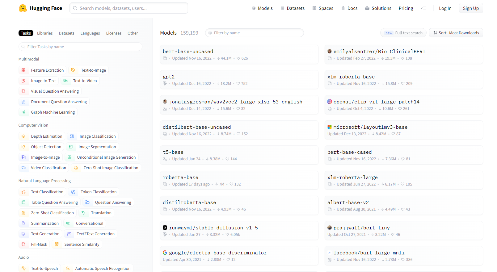 The Hugging Face model listing page with filters on the left and a list of model names such as bert-base-uncased and gpt2.