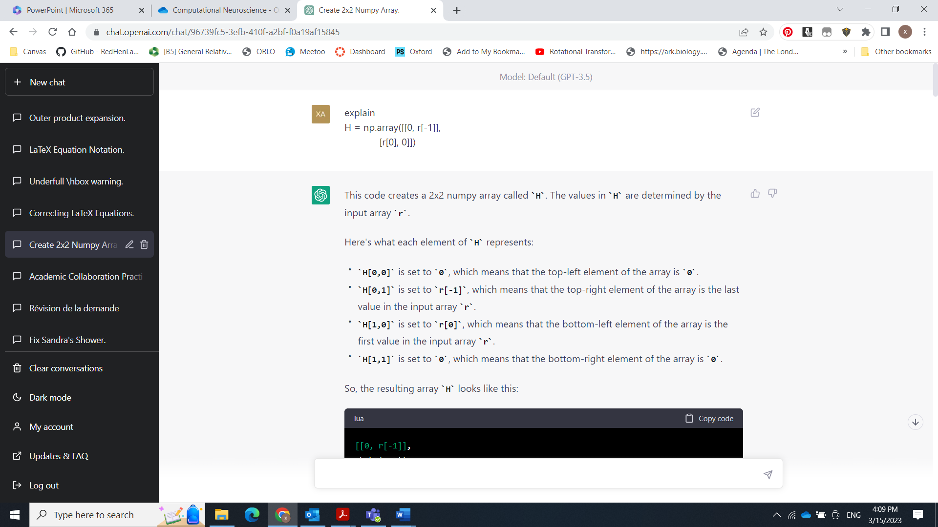 A ChatGPT conversation in which a student asks the model to explain a line of NumPy array code and it explains each element.