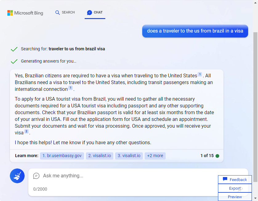 A Bing Chat conversation: asked whether a traveller to the US from Brazil needs a visa, it answers that Brazilians need a visa, with sources listed below.